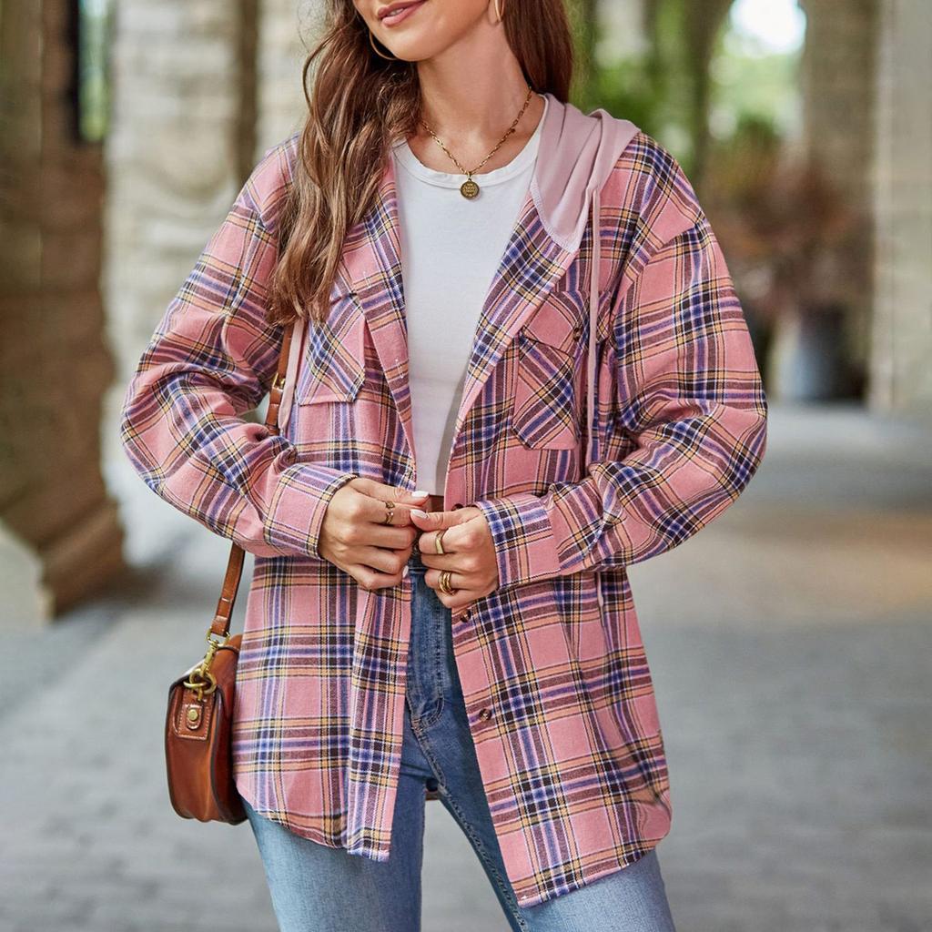 Куртка для женщин, рубашка с капюшоном и шнурком, рубашка с клетчатым принтом, куртка, пальто на пуговицах с длинными рукавами