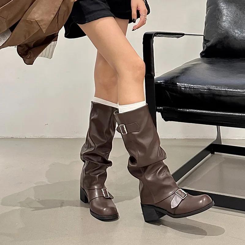 Fashion 2025Woman Boots Knee High Platform Chunky Heels Trend Punk Gothic New Rock Leather Fashion Women's Shoes Motorcycle Footwear