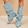 Fashion Pleated Block Heels Denim Boots for Women 2024 Autumn Pointed Toe Women High Knee Boots Plus Size Fashion Cowboy Woman Boots