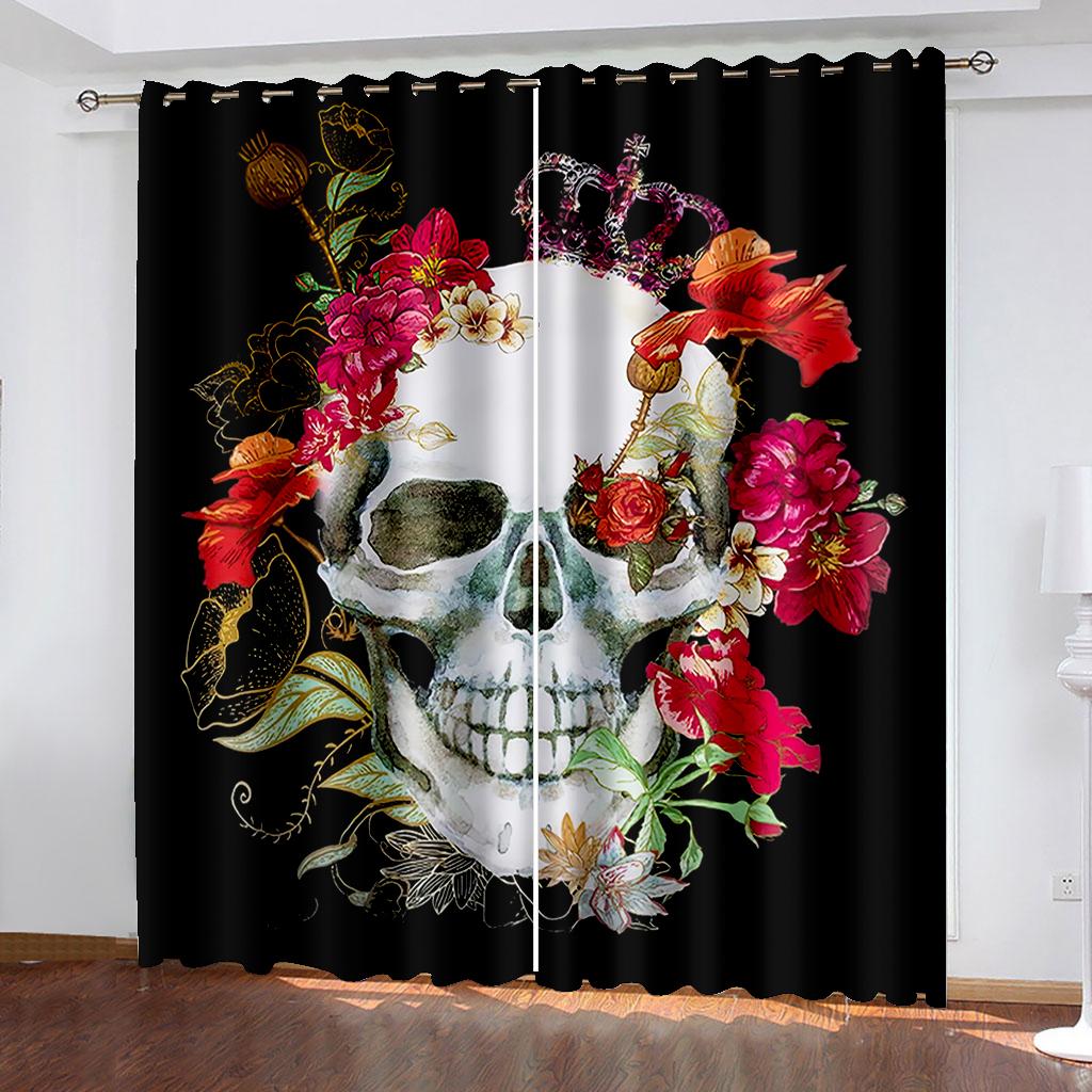 Personality 3D Printed Ebony Mystery Skull Rose Drapes 2 Panel Livingroom Space Bedchamber Balcony Study Decorative Drapes