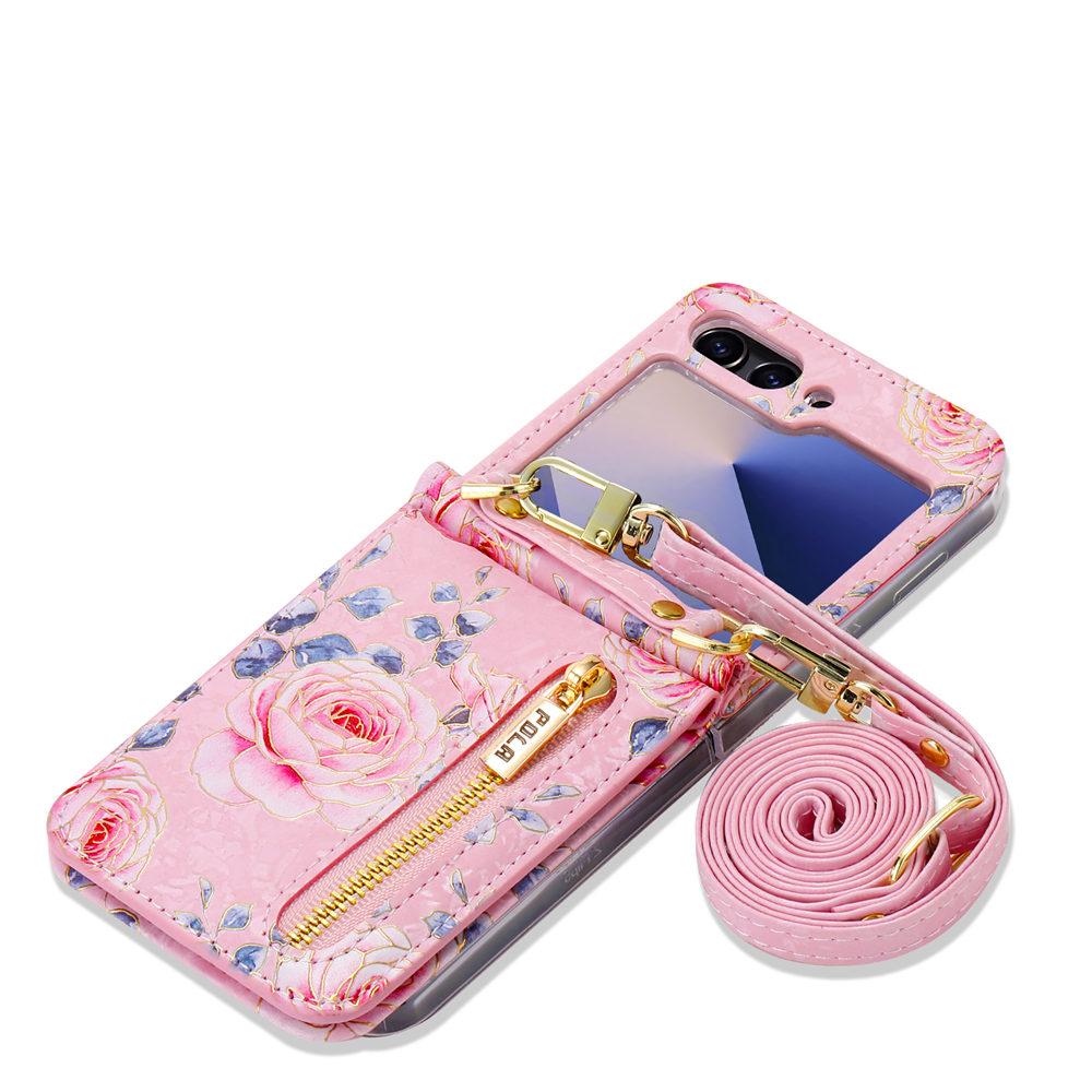 Кошелек-кроссбоди на молнии, слот для карт, чехол с цветком для Samsung Galaxy Z Flip 7 6 Flip 5 4 3, кожаный, с длинным ремешком-шнурком, чехол