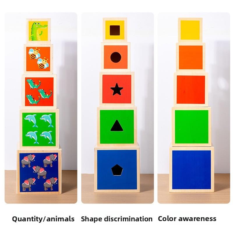 Color Multifunctional Wooden Shape Matching Stacking Box Kid Puzzle Toys