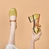 High-heeled Sandals Women's Summer Color Matching Hollow Sandals Round Head Punching Hollow Middle Heel Top Layer Cowhide Fashion Shoes
