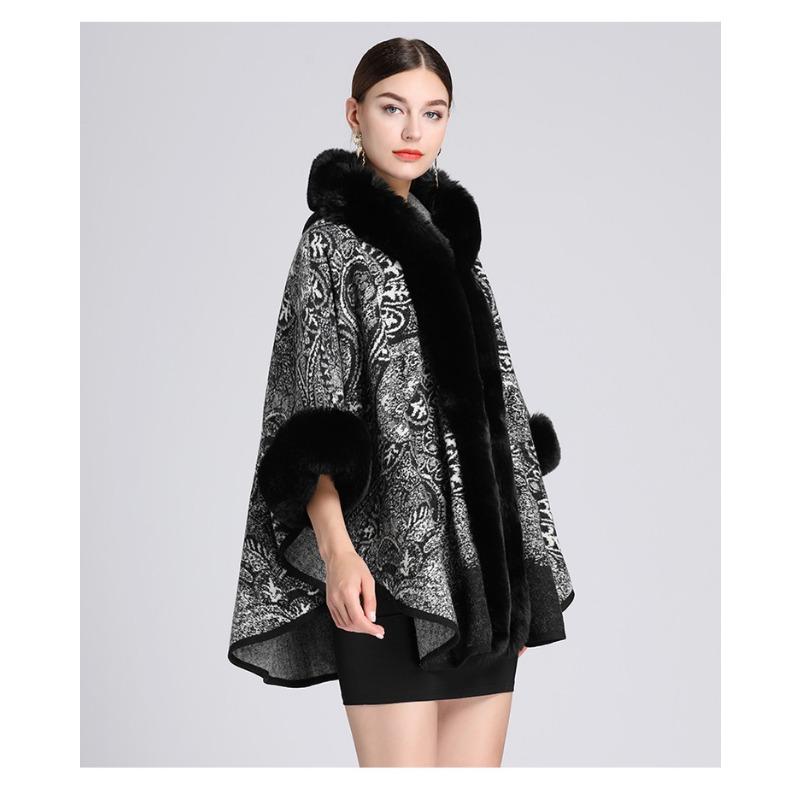 Зимняя женская шаль-накидка с меховым воротником, жаккардовым капюшоном, больших размеров, с рукавами семь восьмых, твидовый жакет-кардиган