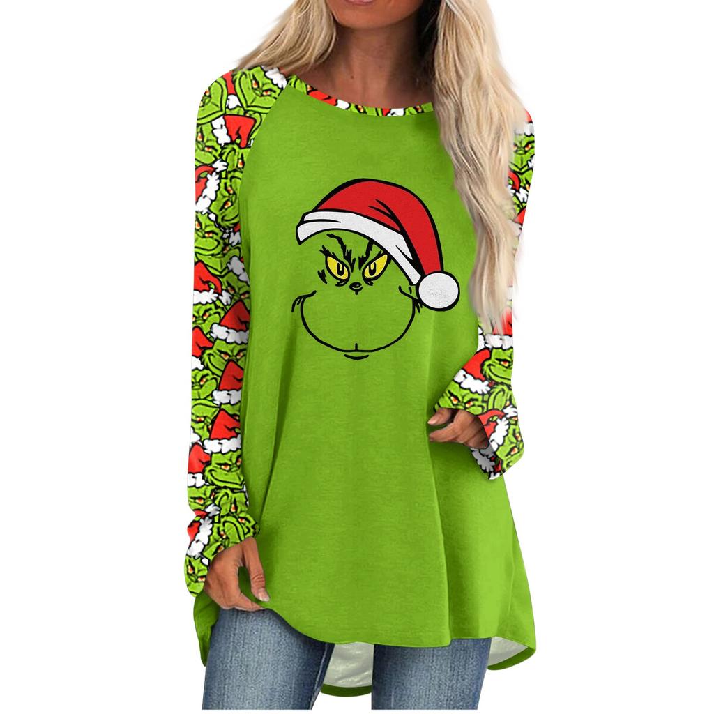 Women's Fashion Casual Long Sleeve Christmas Print Round Neck Pullover Top Blouse
