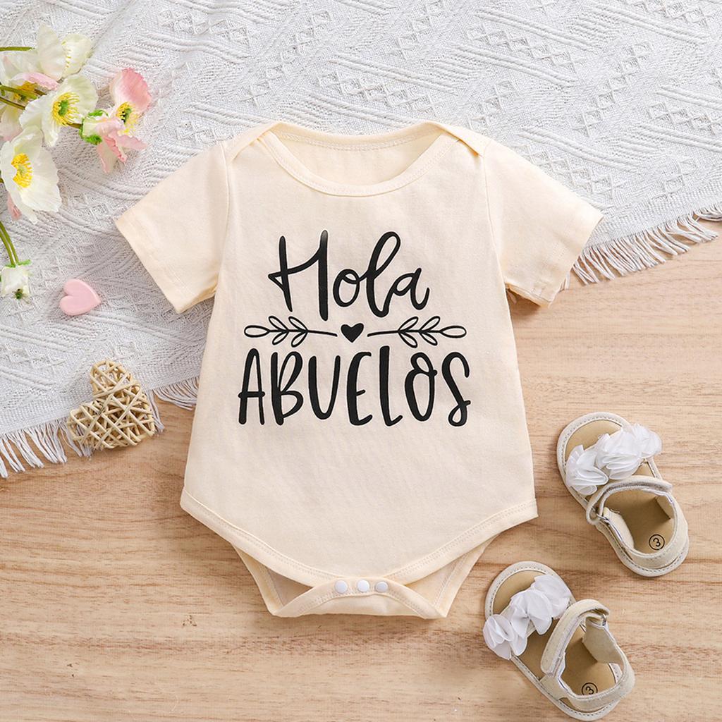 Newborn Baby "Hola Abuelos" Print 100%Cotton Apricot Bodysuit Cute Short Sleeve Jumpsuit Onesie