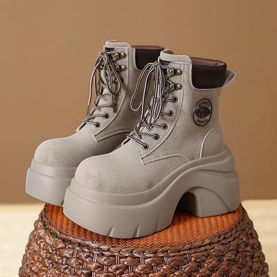 Модные 8 см Женские Новые Осенне-зимние Кожаные Сапоги до середины икры на Толстом Каблуке, Мотоциклетные Сапоги, Женские Ботильоны на Толстой Подошве и Высокой Платформе