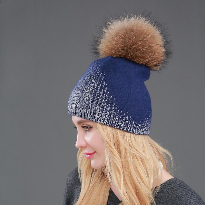 2024 New Winter Beanies Ladies Knitted Wool Warm Hats Fashion Pom Pom Real Raccoon Fur Caps Skullies Hat For Women Print Fur Cap