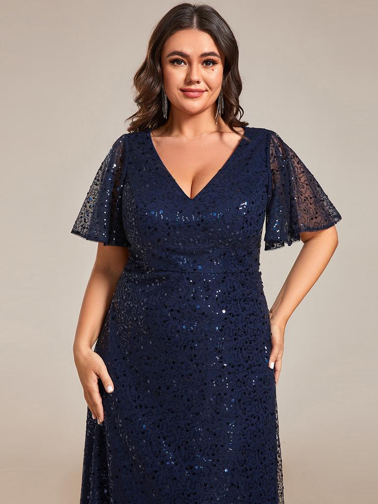 Ever-Pretty Women's Plus Size Shiny Sequin V-Neck A-Line Evening Dresses with Ruffles Sleeves