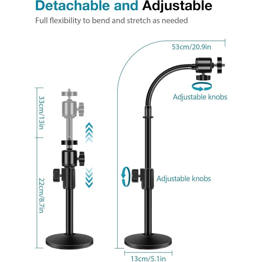 Webcam Stand Adjustable Desk Camera Mount with Flexible Gooseneck Arm Phone Holder and Right Light 1/4" Thread