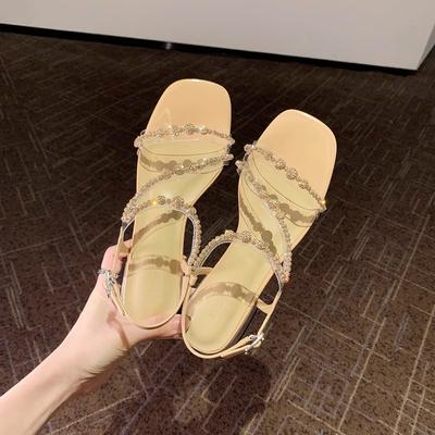 Найди второй волосок! Виноградная мать та же обувь корейская версия квадратный носок бисер стразы слово с пряжкой толстый каблук крутые тапочки женщины