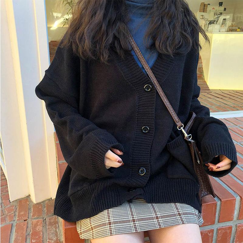 Кардиган женский повседневный свитер ретро серый однотонный свободные карманы однобортный с v-образным вырезом модный универсальный джемпер женские топы верхняя одежда