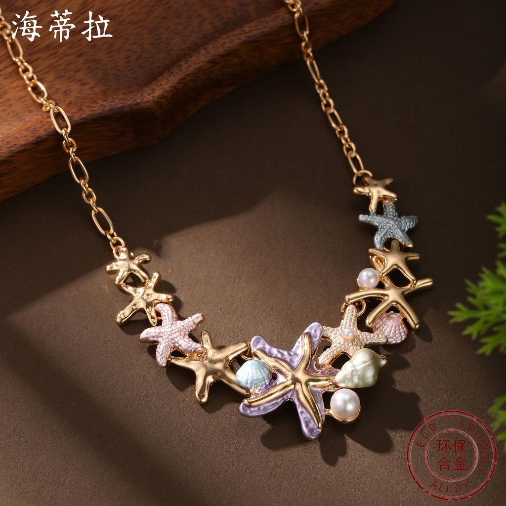 Новое эмалевое жемчужное ожерелье с морской звездой, женское летнее пляжное универсальное ожерелье премиум-класса с морской звездой