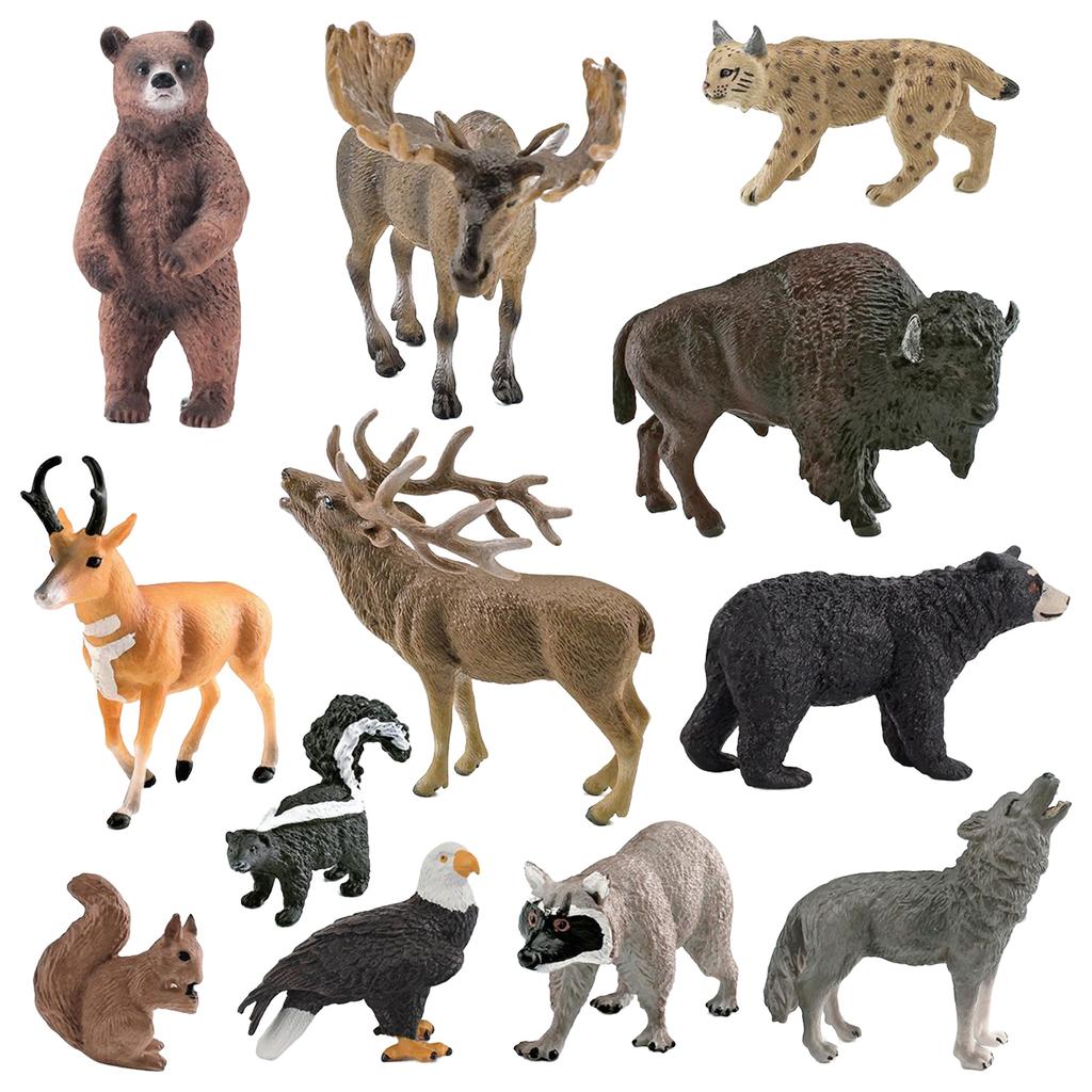 12 Pieces North American Animal Figurine Toys, Realistic Jungle Figurines, Wolf, Bear,Skunk Bobcat And More Cake Decorations, Birthday Gifts