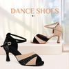 Leather Studded Diamond Latin Dance Shoes for Adult Women Strap High Heels Soft Soled Tango Salsa Social Dance Shoes