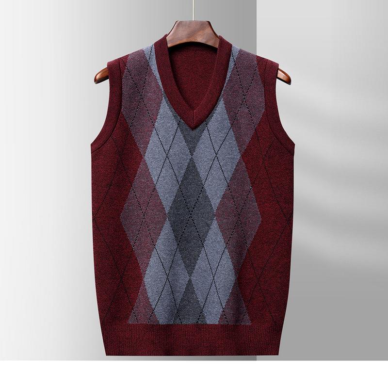 Vest Autumn and Winter New Men's V-neck Sleeveless Knitted Vest Sweater Diamond-shaped Middle-aged and Old-aged Leisure Sweater