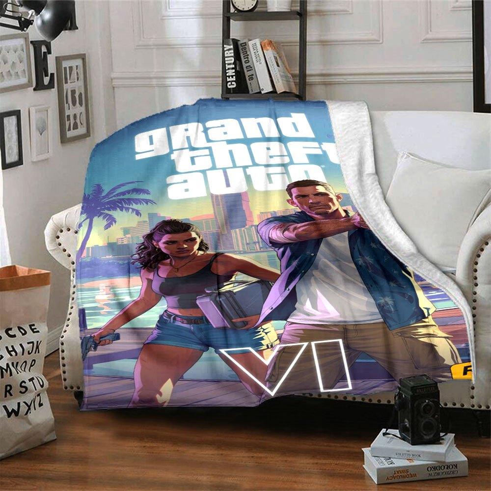 1 шт. Мягкое фланелевое одеяло Grand Theft Auto с дизайнерским принтом. Уютное одеяло для всех сезонов, идеально подходит для дивана, кровати, офиса