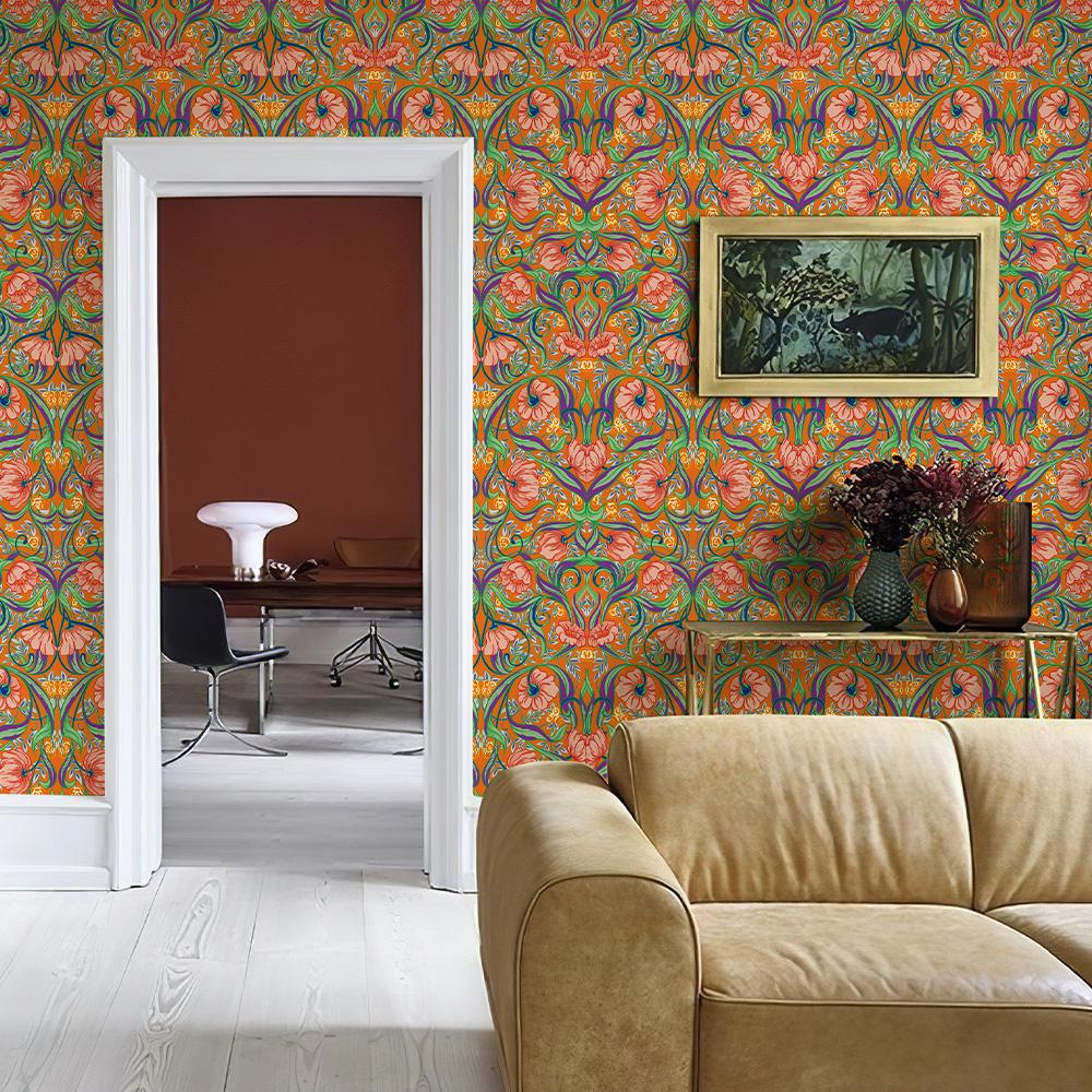 Оранжевые Бохо Цветы Виниловые Обои Ретро Самоклеящаяся ПВХ Наклейка для Шкафа Шикарный Водонепроницаемый Декор для Стен Кухни и Ванной