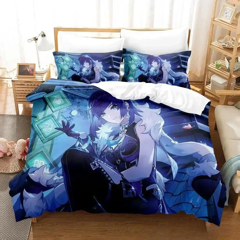 New Anime Game Yelan Genshin Impact Bedding Set Cartoon Anime Three-piece Set Adult Kid Bedroom Duvet Cover Sets 3D Kawaii Girls