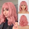 Women Short Bob Natural Wavy Pink Wig with Bangs Synthetic Fiber Short Water Wave Wig Daily Wear Cosplay