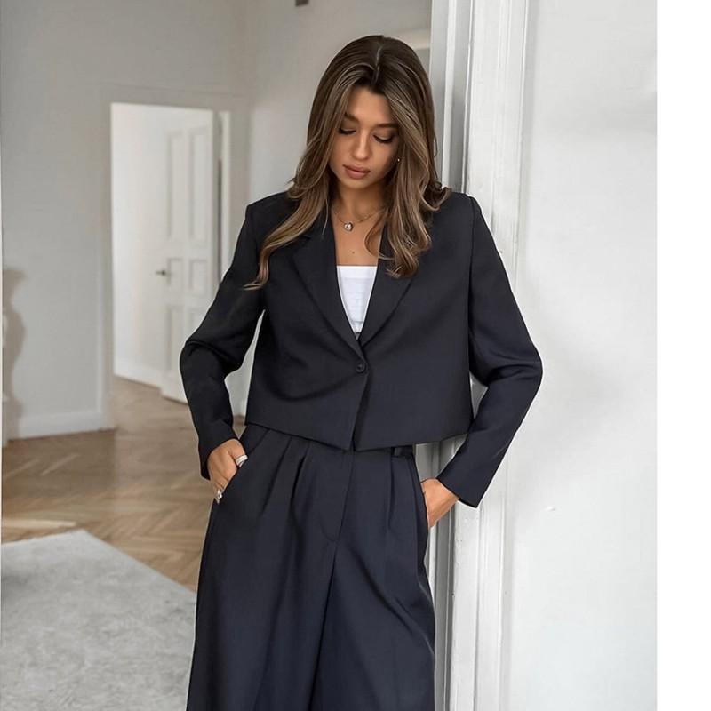 Womens Grey Suit Set 2-Piece Blazer Pants Office Commute