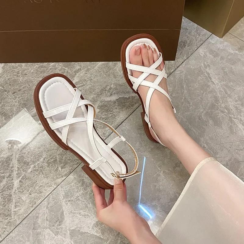 Модные ретро летние сандалии De Mujer 2024, тонкие римские туфли с перекрестными ремешками, повседневные босоножки на низком толстом каблуке, женские однотонные туфли с открытым носком