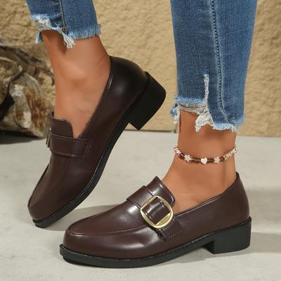 43 Большой размер Металлическая пряжка Маленькие кожаные туфли Женские 2025 Осень Новинка Толстый каблук Низкий верх