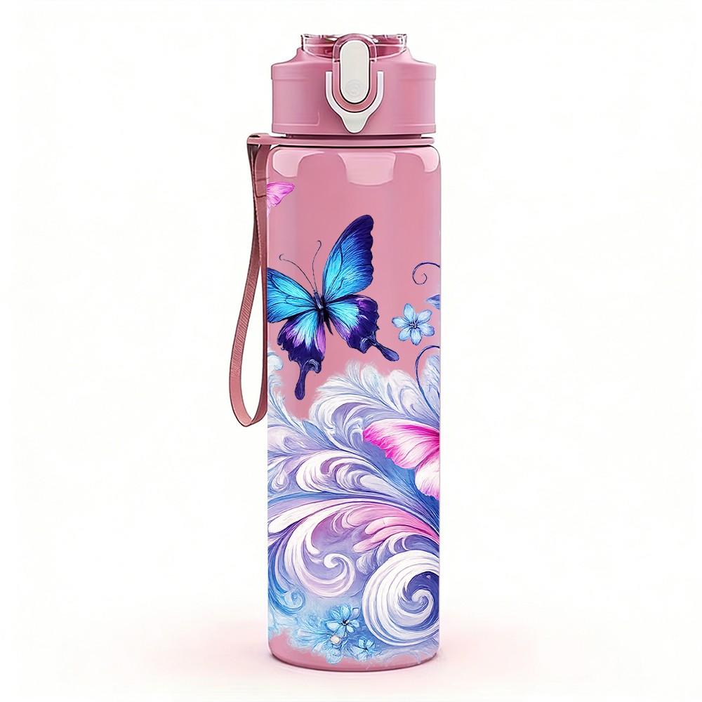 1PC Purple Butterfly Flower Print 750ml Color Plastic Sports Water Bottle Leakproof Flip Straw Lid Suitable for Sports Office Home Use
