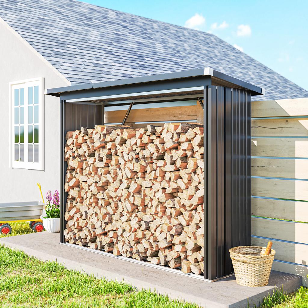 Firewood shed. Firewood shelter. Steel. Raised floor. Sloping roof. 213 x 66.5 x 150 cm. Dark Gray