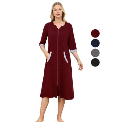 Женские халаты из хлопка с короткими рукавами и карманами на молнии, длинный халат для сна, пижамы для дома, летняя повседневная домашняя одежда