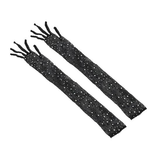 1 Pair Women Prom Arm Sleeves See-through Hollow Out Fishnet Rhinestone Decor Ultra Thin Fingerless Performances Bride Wedding Photo Prop Arm Cuffs