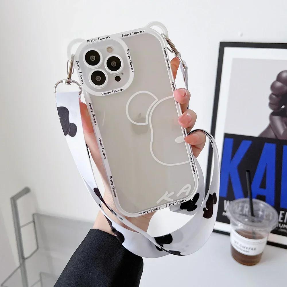 Cute Cartoon Flowers Bear Crossbody Case For iPhone 15 14 13 16 Pro Max 11 12 X Xs 7 8 Plus Cat Necklace Transparent Soft Cover