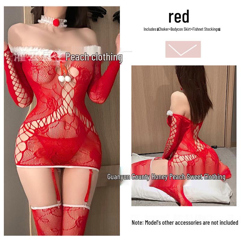 Sexy Christmas Lace Bodysuit & Fishnet Stockings with Garter Belt - Quick Release