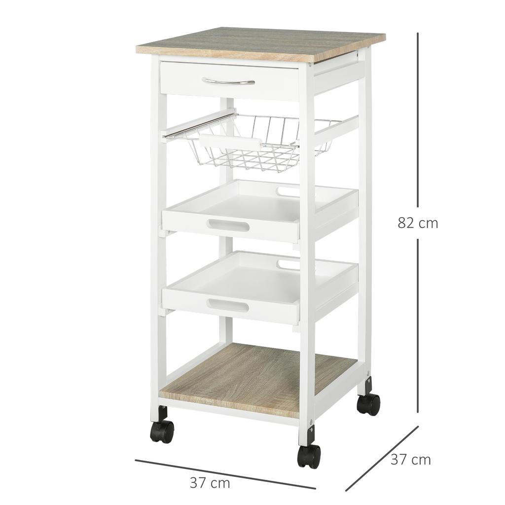 Kitchen Service Cart With Wheels Basket And 2 Removable Trays Drawer White Pine Wood