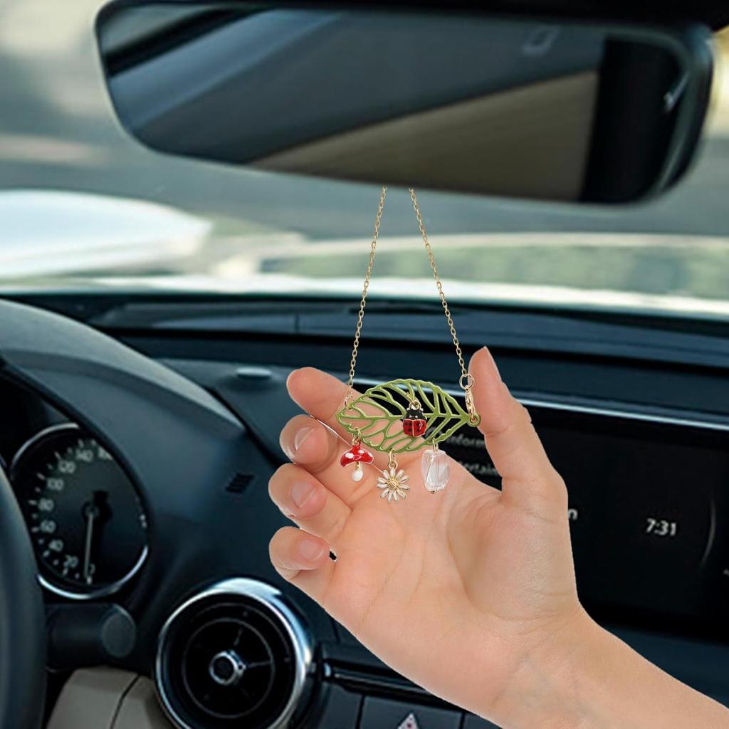 CASONA Car Hanging Decor,Lucky Rear View Mirror Dangling Car Charm,Handmade Ladybug Mushroom Daisy Leaf Boho Nature Decoration Ornament Gift for