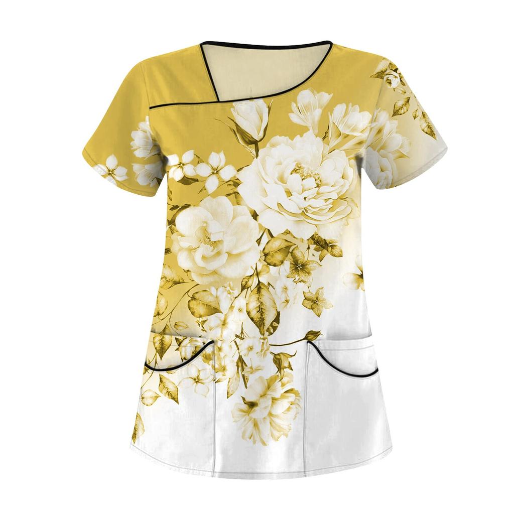 Женская повседневная рабочая одежда с цветочным принтом и коротким рукавом с наклонным воротником и двойными карманами