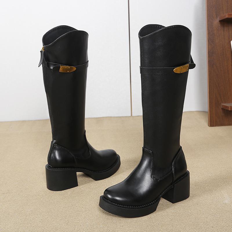 Fashion New High Boots for Autumn and Winter Women's Fashion Round Toe Back Zipper Sole Metal Buckle Non-slip Block Heel Shoes
