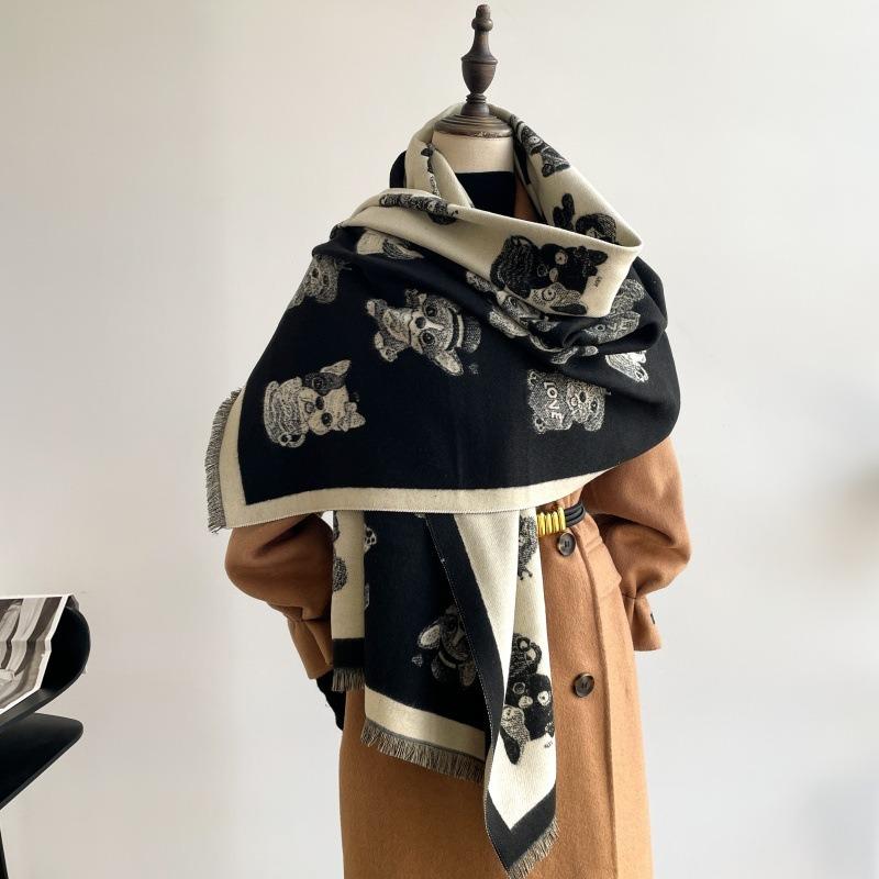 Cartoon Puppy Imitation Cashmere Scarf Women's Winter Warm Scarf Fashion with Sweet and Cute Double-sided Shawl