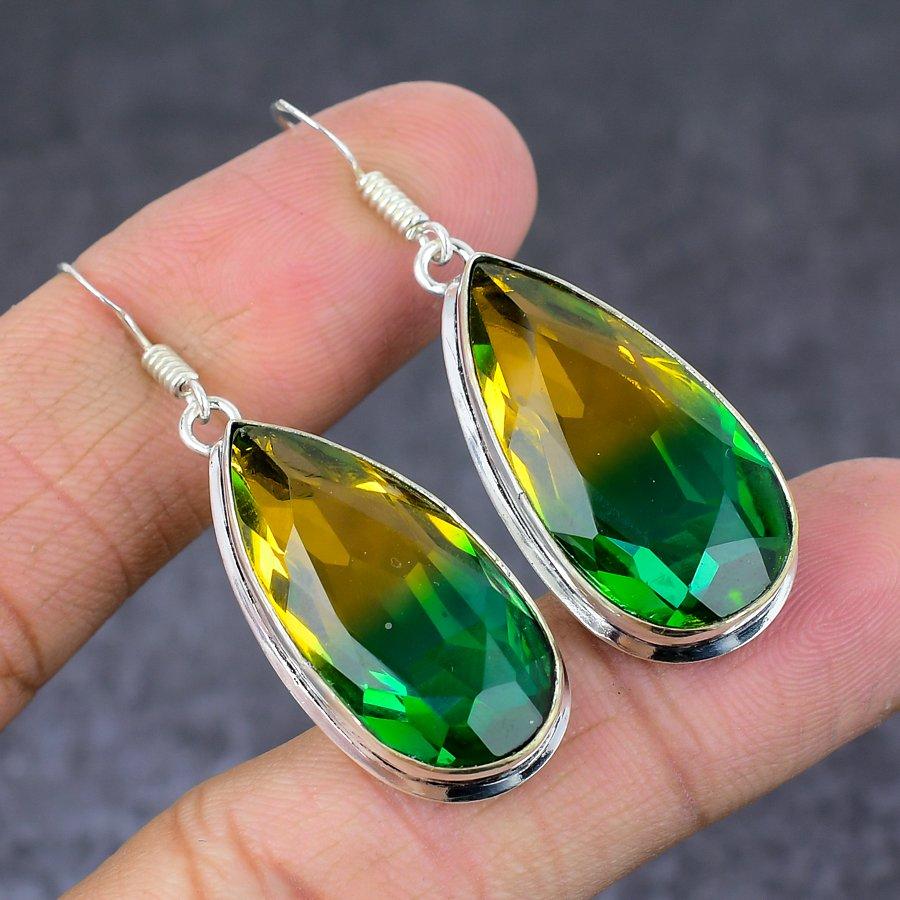 Bi-Color Tourmaline Gemstone Handmade 925 Sterling Silver Earring 1.97" C1K71
