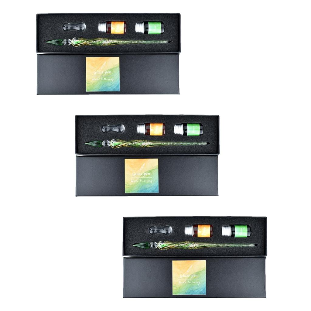 Fourcart Cute Handmade Glass Crafts [Glass Pen Twist] GR 2-Color (1 Green & 1 Orange) Set X 3