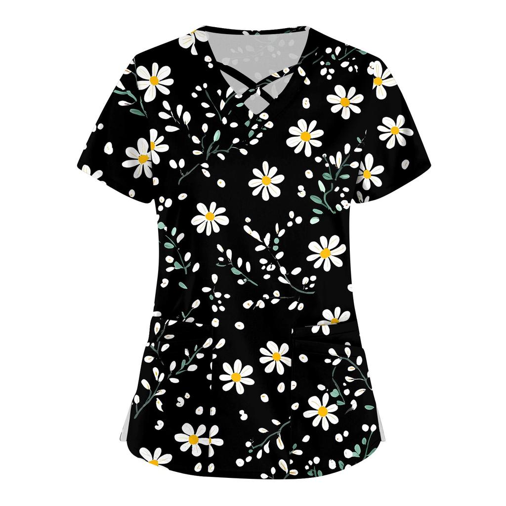 Women's Short Sleeve Stagger V Neck Print Pocket Dry-nurse Top