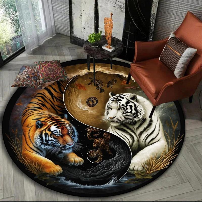 3D printed animal tiger dragon lion tree of life circular carpet computer chair floor mat