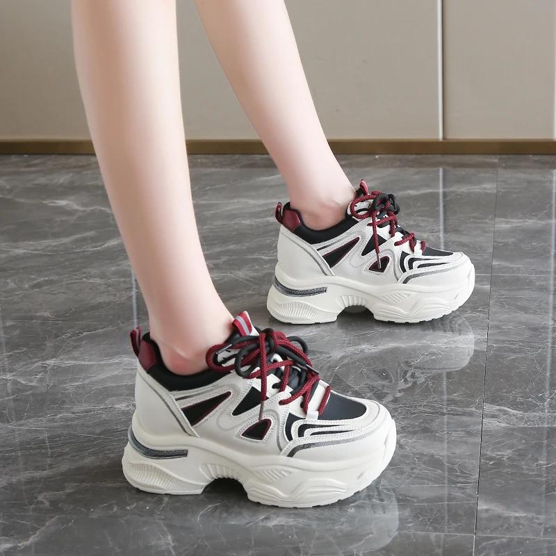 Fashion Mix Color Platform Sneakers Women Spring Pu Leather Thick Bottom Vulcanize Shoes Female Lace-Up Non-Slip Sports Shoes Ladies
