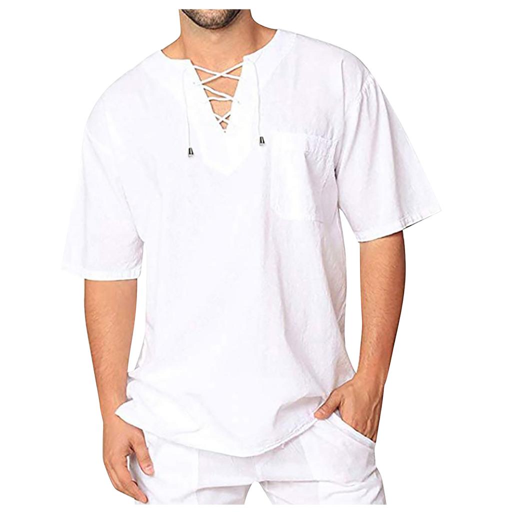 Mens Cotton Linen Shirts Casual Beach Hippie Shirt Short Sleeve V Neck Yoga Tops
