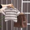 0-5 лет Комплект с короткими рукавами для мальчиков Детская полосатая футболка с круглым вырезом Модные шорты для мальчиков Комплект из двух предметов
