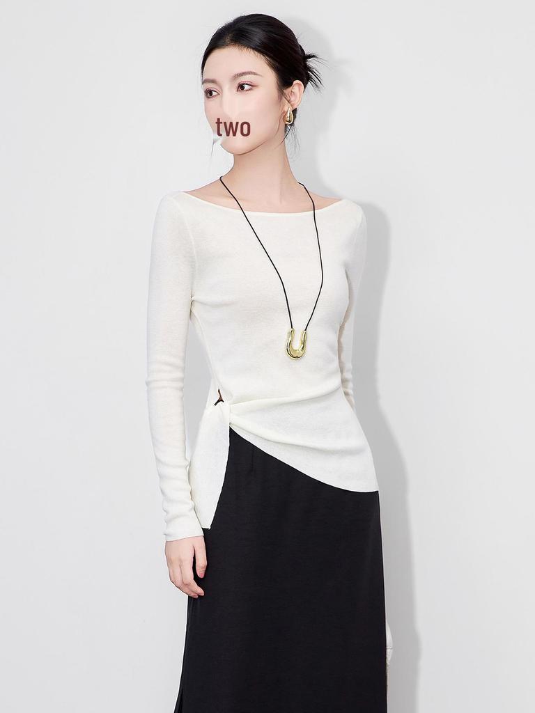 Design Sense Off-Shoulder Tie-Up Wool Knit Top: Minimalist Waist-Defining Long Sleeve for Early Autumn