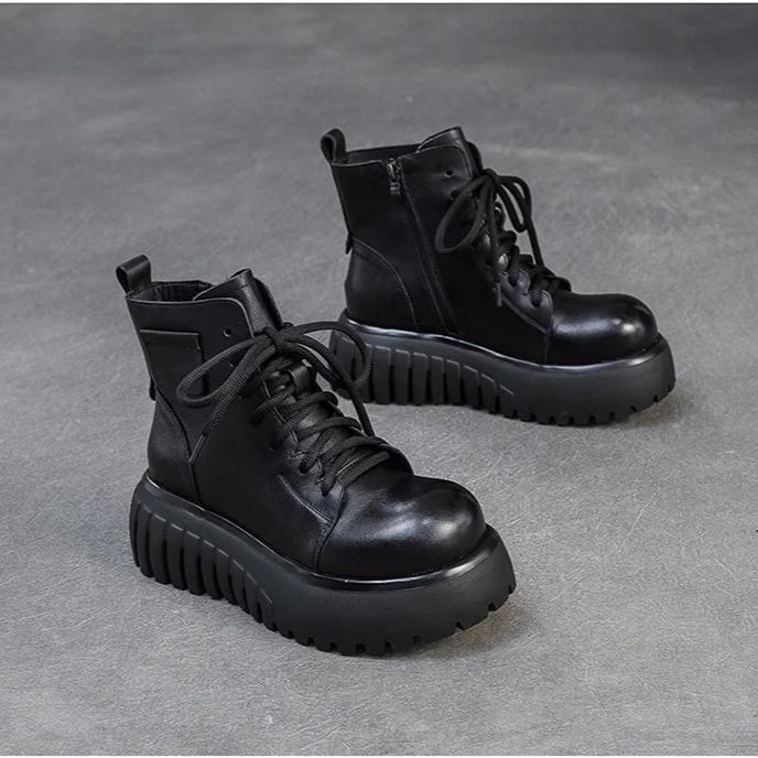 Johnature Thick Sole Women's Short Boots With Genuine Leather Retro Side Zipper Versatile Women's Shoes