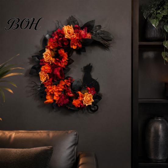 Unique Holiday Gift Halloween Black Cat Moon Wreath, Gothic Crescent Wreath with Floral Artificial Rose Flowers for Home Front Door Porch Wall