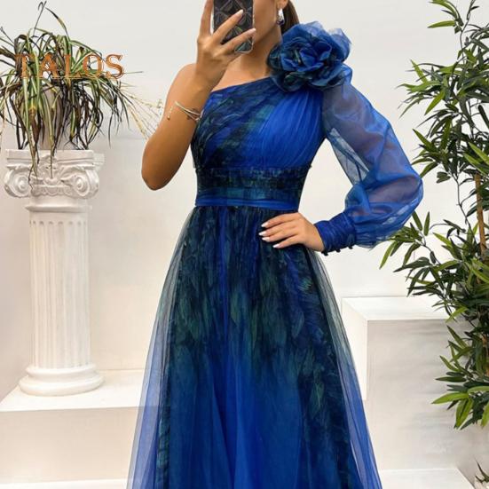 Женское вечернее платье с 3D-цветочным декором на одно плечо, плиссированное, сетчатое, банкетное платье, одно плечо, длинный рукав, тонкая талия, А-силуэт, длина до пола, разрез, подол, шар