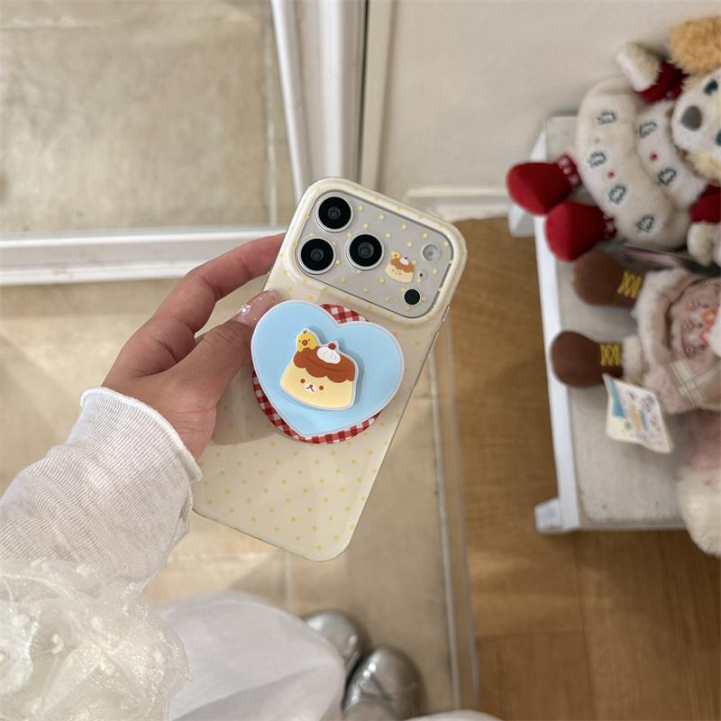 Kawaii Pudding Cartoon Yellow Polka Dot Magnetic Phone Case With Heart Pop Socket For iPhone 15 16 17 Pro Max INS Cute Shockproo